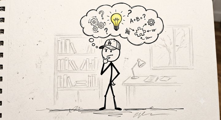 A stick figure character thinking, with a thought bubble full of gears, question marks, a glowing lightbulb, and a simple math problem